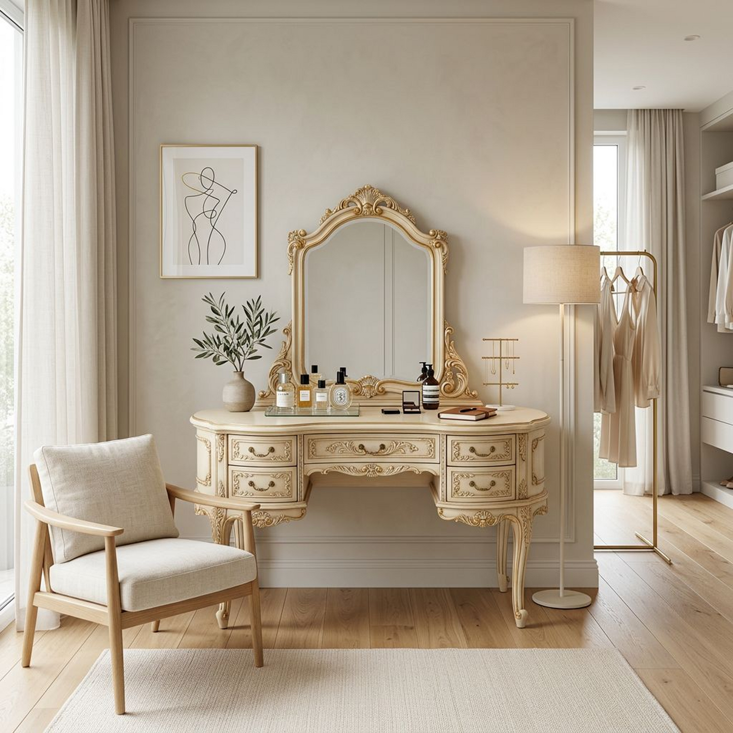 French Vintage Vanity Table with Mirror